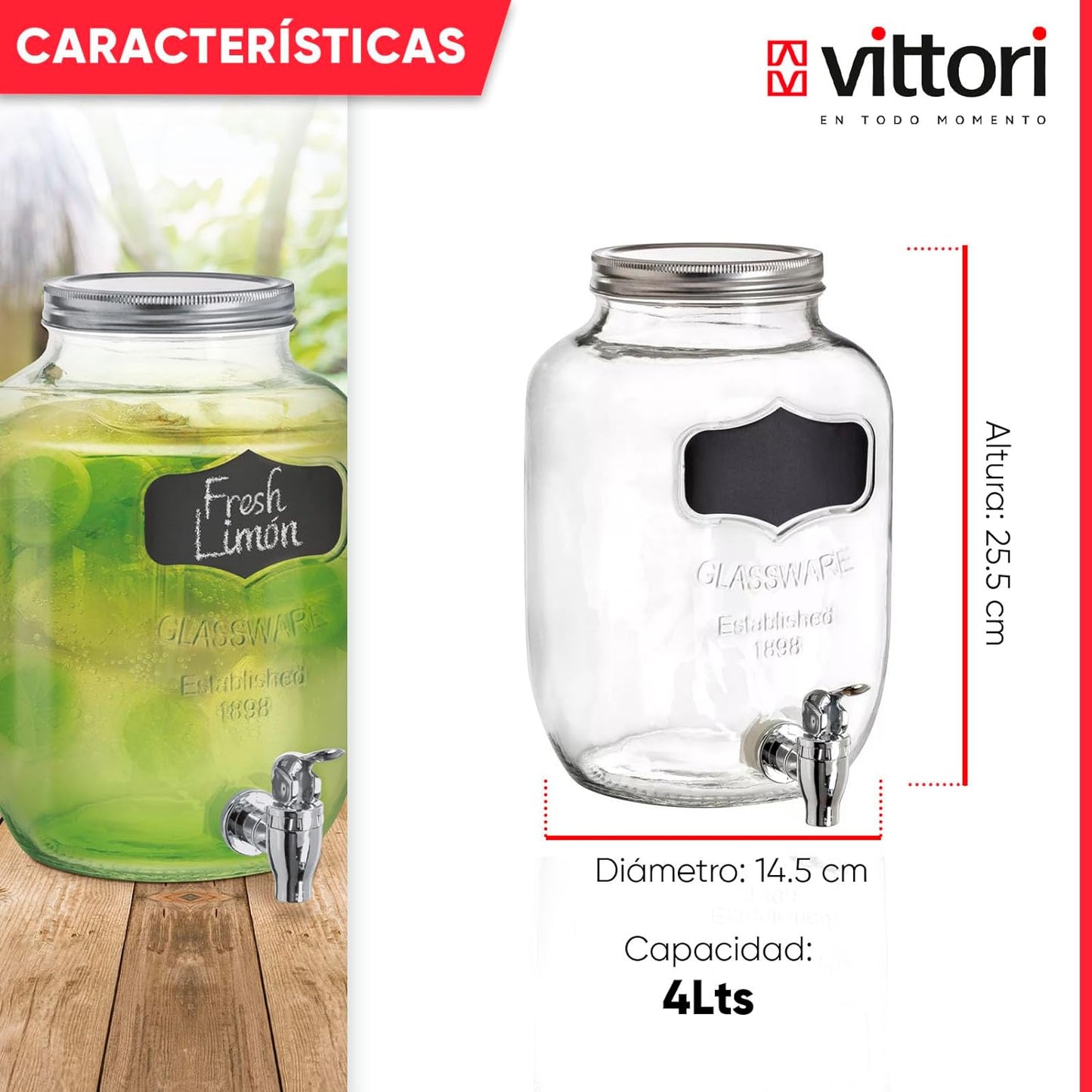 Dispensador Vitrolero de Agua, Vitolero de Vidrio con Etiqueta Negra y Tapa, 4 Litros