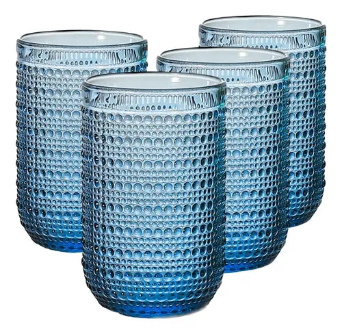 Set Vasos Vidrio Cristal Labrado Polka 420ml Azul Cobalto/4 Piezas