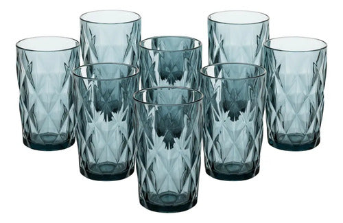 Juego 8 Vasos Vidrio Cristal Labrado Libia 400ml Azul Cobalto