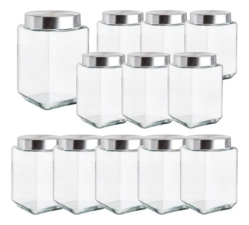 Caja 12 Piezas Brocal De Vidrio Cuadrado c/Tapa Rosca Mediano 1.6 L