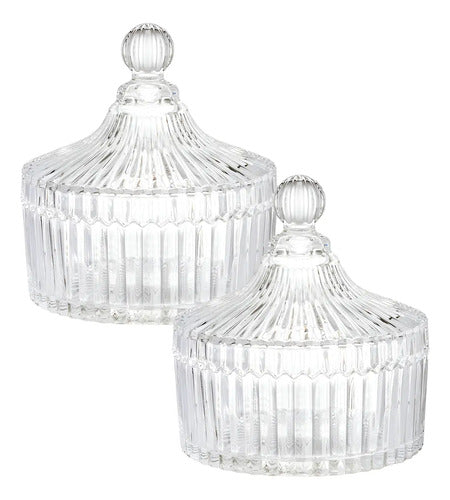 Set Con 2 Piezas Bombonera De Vidrio Rayas Grande 490 ml