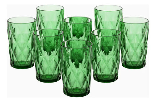 Juego 8 Vasos Vidrio Cristal Labrado Libia 400ml Verde