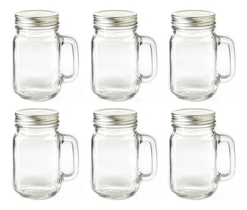 Set 6 Tarros Vaso Mason Jar Liso Vintage Vidrio 480ml C/tapa Transparente