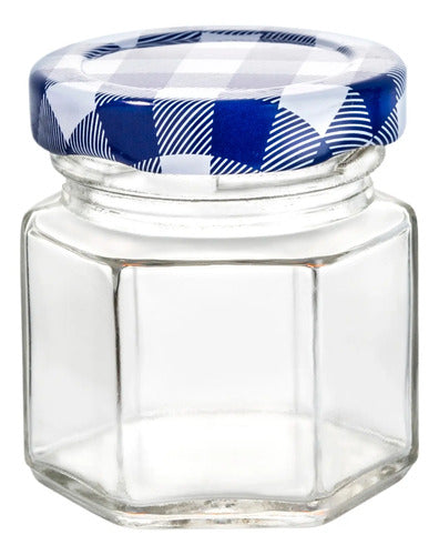 Caja 144 Piezas Frasco Mini Hexagonal 45 c/Tapa Mantel Azul 45 ml