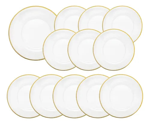 Caja 12 Piezas Plato Vidrio Base Gala Cristalino Filo Dorado