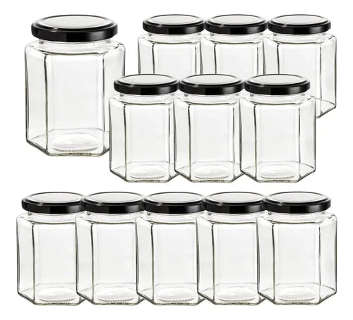 Caja 12 Piezas Frasco Hexagonal De Vidrio 283ml