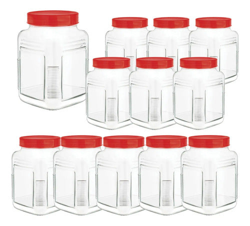Caja 12 Piezas Brocal De Vidrio Cuadrado c/Tapa Plástico 1.5 L