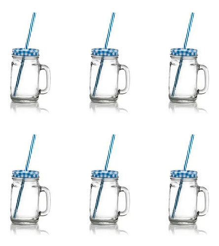 Set 6 Tarro Frasco Mason Jar Liso Vidrio 480ml Tapa Y Popote