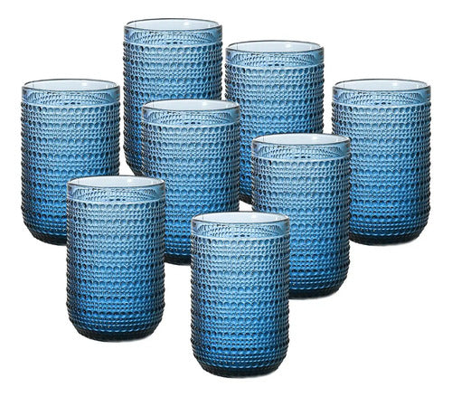 Set Vasos Vidrio Cristal Labrado Polka 420ml Azul Cobalto/8 Piezas