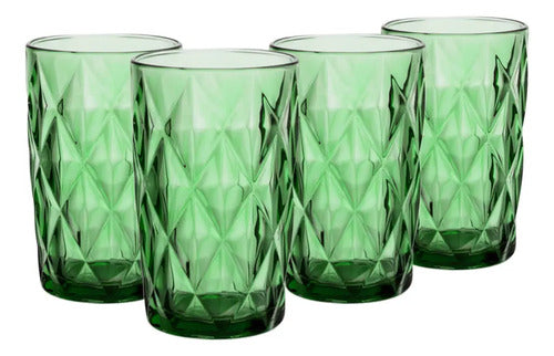 Juego 4 Vasos Vidrio Cristal Labrado Libia 400ml Verde