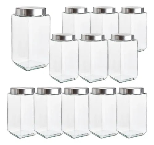 Caja 12 Piezas Brocal De Vidrio Cuadrado c/Tapa Rosca Grande 2.1 L
