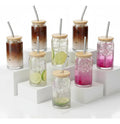 Set Vasos Lata Vidrio Tapa Bambú Popote 500 Ml Transparente 8 Piezas