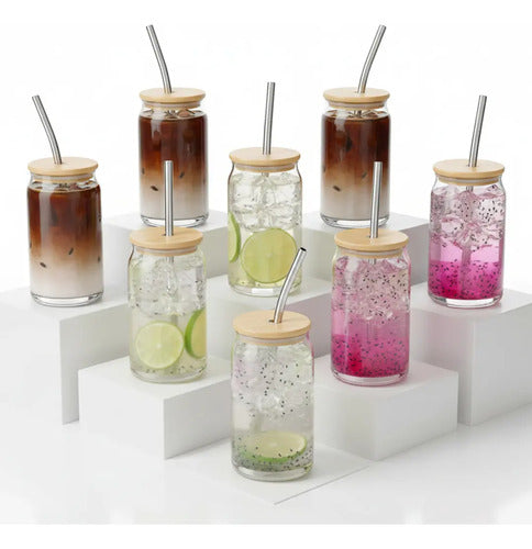Set Vasos Lata Vidrio Tapa Bambú Popote 500 Ml Transparente 8 Piezas