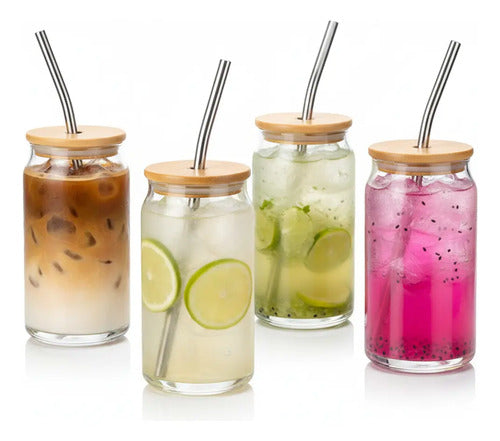 Set 4 Vasos De Vidrio Con Tapa De Bambú Y Pajitas De Metal
