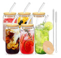 Set 6 Vasos De Vidrio Con Tapa De Bambú Y Pajitas De Vidrio Color Cristalino