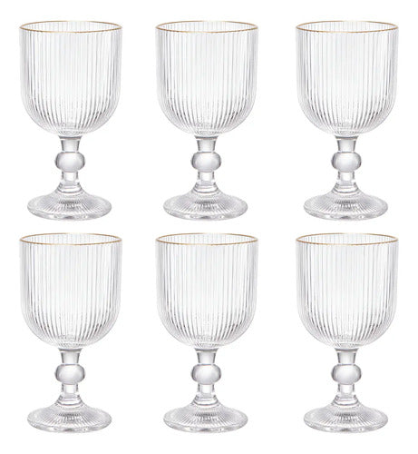 Set Con 6 Piezas Copa De Vidrio Labrada Agua Venecia c/Filo Dorado 370 ml